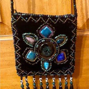 Velvet Beaded Crossbody Purse w/Colorful Stones & Beads. PRE-OWNED